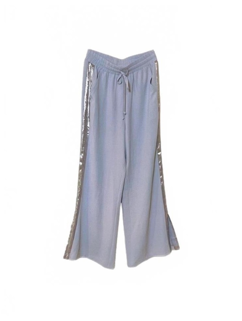 JODIFL Sky Blue Satin Wide Leg Pants with Metallic Side Stripes, Size 8